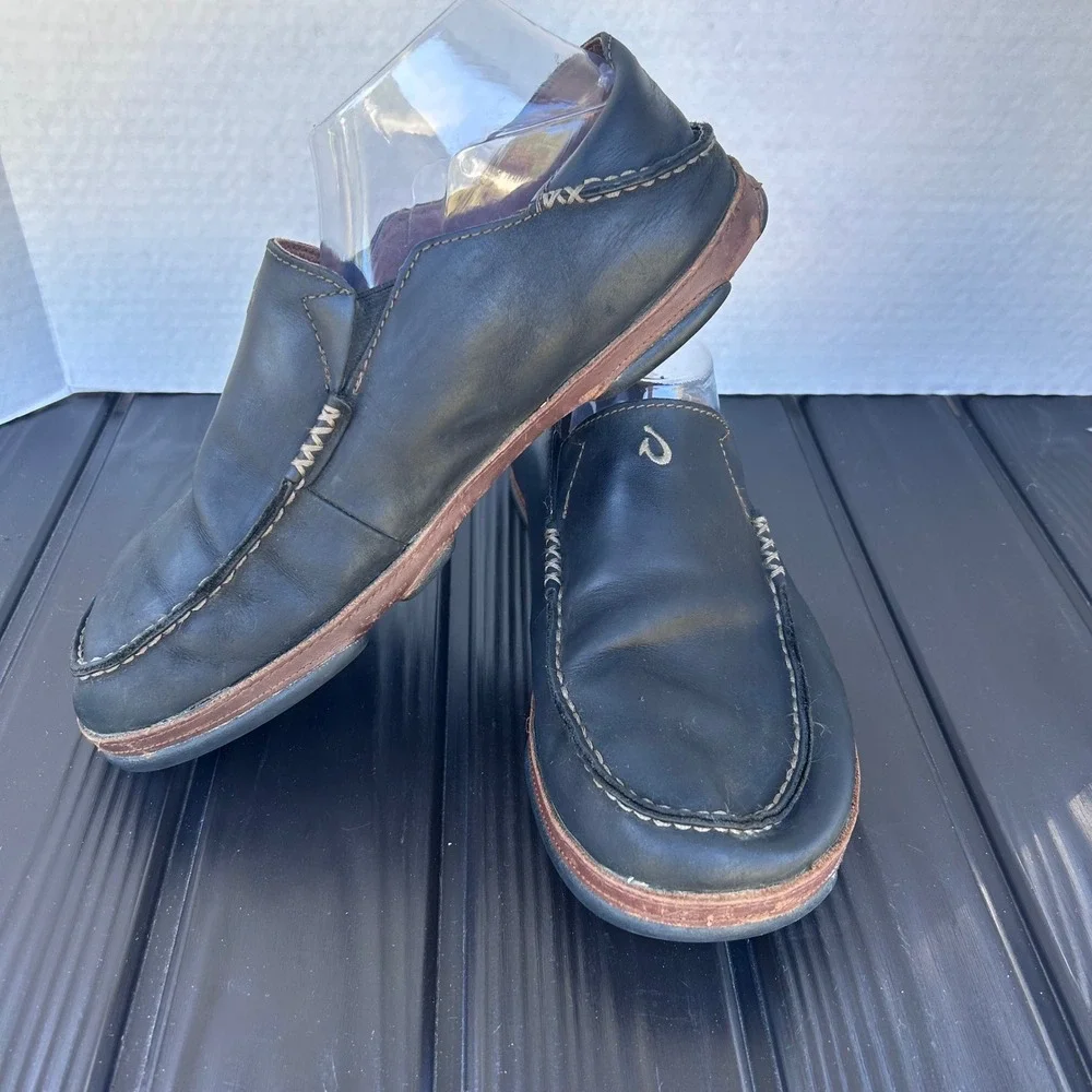 Olukai Moloa Men's Black Leather Loafers Boat Shoes Size 10.5 Slip on's